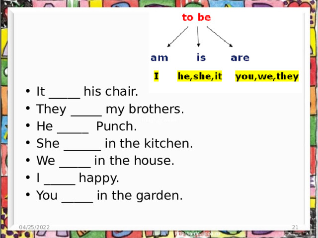It _____ his chair. They _____ my brothers. He _____ Punch. She ______ in the kitchen. We _____ in the house. I _____ happy. You _____ in the garden. 04/25/2022 3 