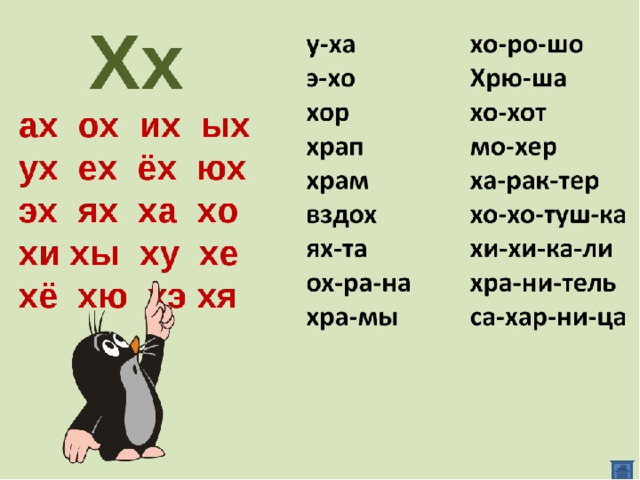 Таблицы для чтения с буквой х