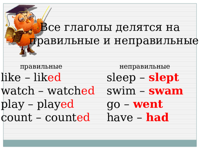  Все глаголы делятся на правильные и неправильные  правильные  неправильные like – lik ed sleep – slept watch – watch ed  swim – swam  play – play ed  go – went count – count ed have – had 