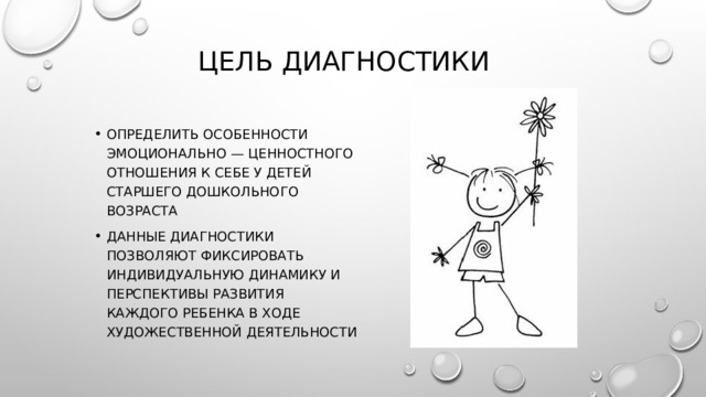 Цель диагностики определить особенности эмоционально — ценностного отношения к себе у детей старшего дошкольного возраста Данные диагностики позволяют фиксировать индивидуальную динамику и перспективы развития каждого ребенка в ходе художественной деятельности 