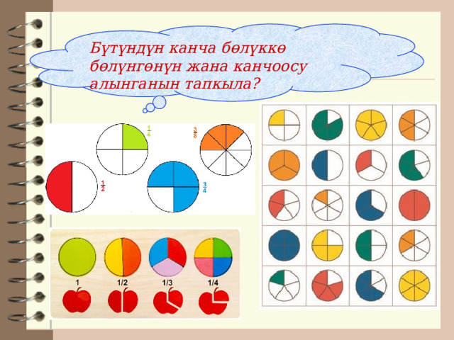 Бүтүндүн канча бөлүккө бөлүнгөнүн жана канчоосу алынганын тапкыла? 