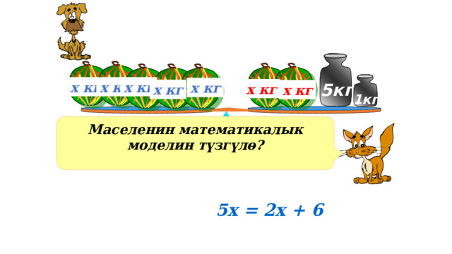 х кг х кг х кг 5кг х кг х кг х кг х кг 1кг Маселенин математикалык моделин түзгүлө? Решение уравнения на доске 5х = 2х + 6  