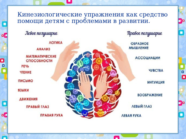 Кинезиологические упражнения как средство помощи детям с проблемами в развитии. 