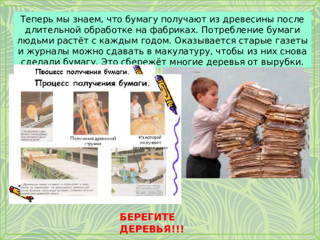 Теперь мы знаем, что бумагу получают из древесины после длительной обработке на фабриках. Потребление бумаги людьми растёт с каждым годом. Оказывается старые газеты и журналы можно сдавать в макулатуру, чтобы из них снова сделали бумагу. Это сбережёт многие деревья от вырубки. БЕРЕГИТЕ ДЕРЕВЬЯ!!! 