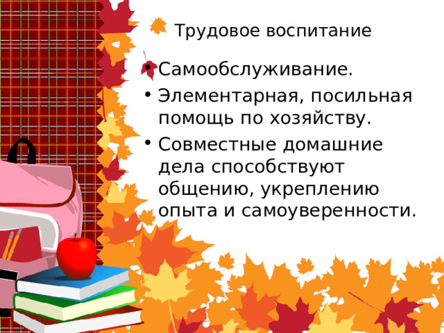 Трудовое воспитание Самообслуживание. Элементарная, посильная помощь по хозяйству. Совместные домашние дела способствуют общению, укреплению опыта и самоуверенности. 