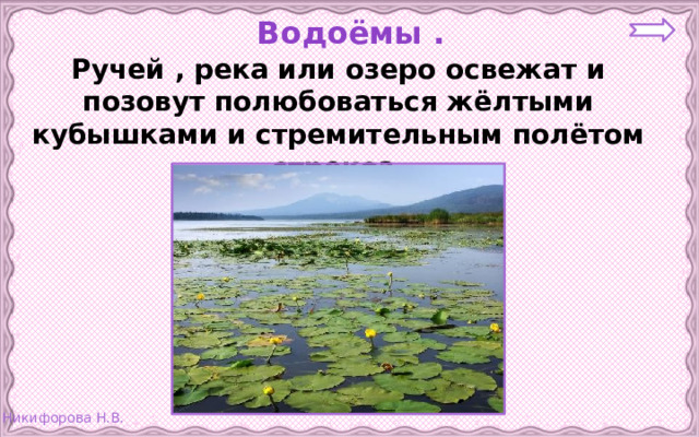 Водоёмы . Ручей , река или озеро освежат и позовут полюбоваться жёлтыми кубышками и стремительным полётом стрекоз. 