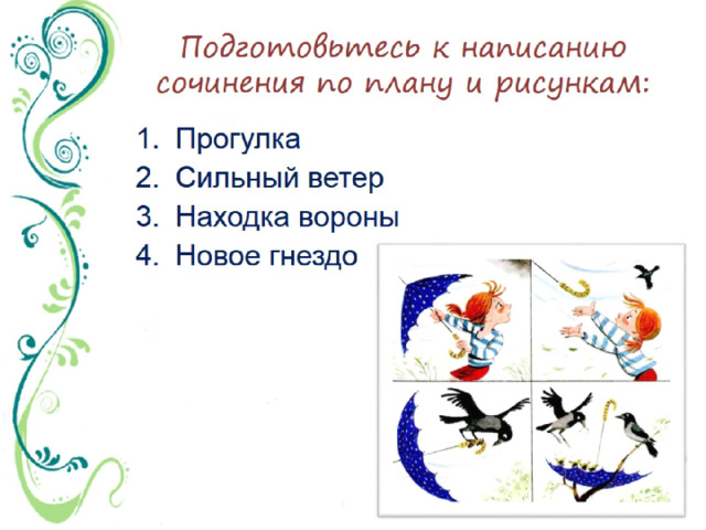 Подготовьтесь к написанию сочинения по плану и рисункам: