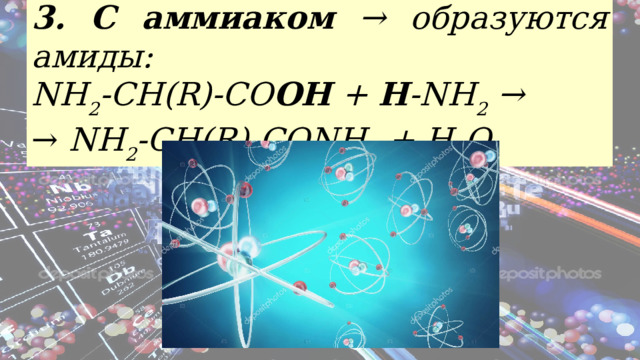 3. С аммиаком → образуются амиды: NH 2 -CH(R)-CO OH + H -NH 2 → → NH 2 -CH(R)-CONH 2 + H 2 O 