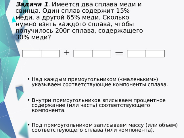 Задача 1 . Имеется два сплава меди и свинца. Один сплав содержит 15% меди, а другой 65% меди. Сколько нужно взять каждого сплава, чтобы получилось 200г сплава, содержащего 30% меди? Над каждым прямоугольником («маленьким») указываем соответствующие компоненты сплава.  Внутри прямоугольников вписываем процентное содержание (или часть) соответствующего компонента. Под прямоугольником записываем массу (или объем) соответствующего сплава (или компонента).  