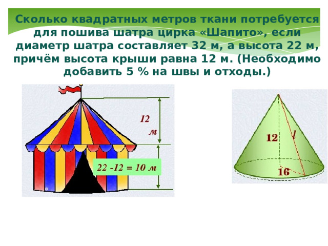 Сколько квадратных метров ткани потребуется для пошива шатра цирка «Шапито», если диаметр шатра составляет 32 м, а высота 22 м, причём высота крыши равна 12 м. (Необходимо добавить 5 % на швы и отходы.) 