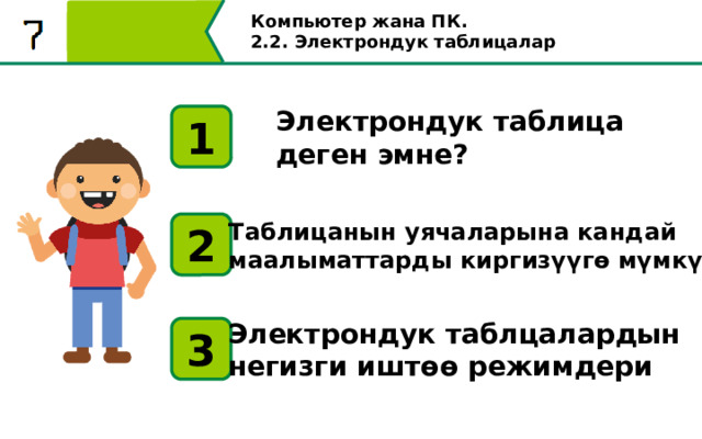 Компьютер жана ПК . 2.2. Электрондук таблицалар Электрондук таблица деген эмне? 1 Таблицанын уячаларына кандай маалыматтарды киргизүүгө мүмкүн? 2 Электрондук таблцалардын негизги иштөө режимдери 3 13 