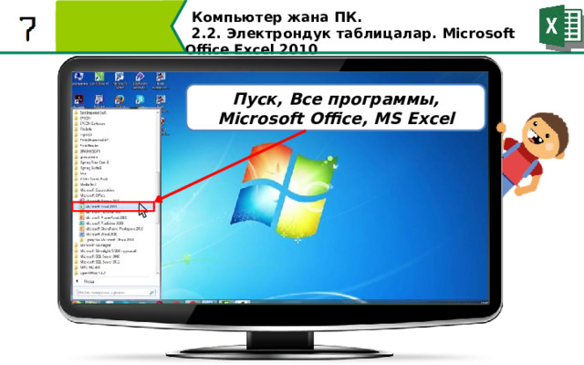 Компьютер жана ПК . 2.2. Электрондук таблицалар. Microsoft Office Excel 2010 Пуск, Все программы, Microsoft Office, MS Excel  