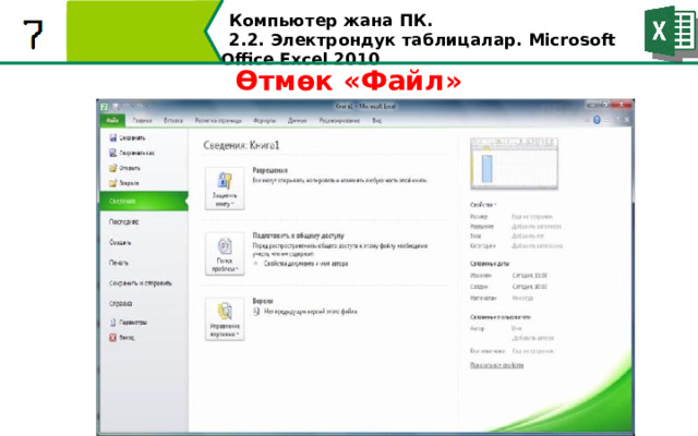 Компьютер жана ПК . 2.2. Электрондук таблицалар. Microsoft Office Excel 2010 Өтмөк «Файл»  