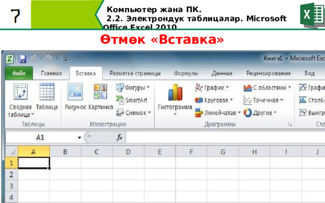 Компьютер жана ПК . 2.2. Электрондук таблицалар. Microsoft Office Excel 2010 Өтмөк «Вставка»  