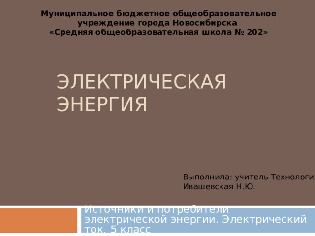 Муниципальное бюджетное общеобразовательное учреждение города Новосибирска «Средняя общеобразовательная школа № 202» ЭЛЕКТРИЧЕСКАЯ ЭНЕРГИЯ Выполнила: учитель Технологии Ивашевская Н.Ю. Источники и потребители электрической энергии. Электрический ток. 5 класс 