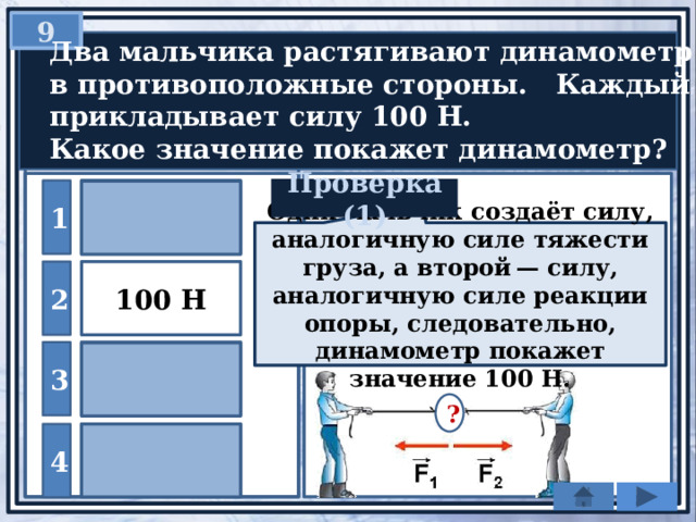 9   Два мальчика растягивают динамометр  в противоположные стороны. Каждый  прикладывает силу 100 Н.  Какое значение покажет динамометр? Проверка (1) 1 200 Н Один мальчик создаёт силу, аналогичную силе тяжести груза, а второй — силу, аналогичную силе реакции опоры, следовательно, динамометр покажет значение 100 Н. 100 Н 2 3 50 Н ? 0 4 