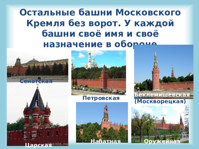 Остальные башни Московского Кремля без ворот. У каждой башни своё имя и своё назначение в обороне Сенатская Беклемишевская (Москворецкая) Петровская Набатная Оружейная Царская  