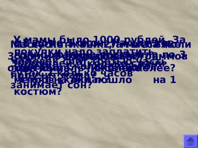   У мамы было 1000 рублей. За покупки надо заплатить 300рублей. Сколько сдачи получит мама?  В доме 5 окон. На каждое окно хозяйка поставила по 3 цветка. Сколько цветов стоят на  окнах?   Масса Пети 40 кг, а масса Коли 35 кг. На сколько килограммов один из мальчиков тяжелее? Из куска ткани 27 м в ателье сшили 9 одинаковых костюмов. Сколько метров ткани пошло на 1 костюм? Человек спит третью часть суток. Сколько часов занимает сон?     
