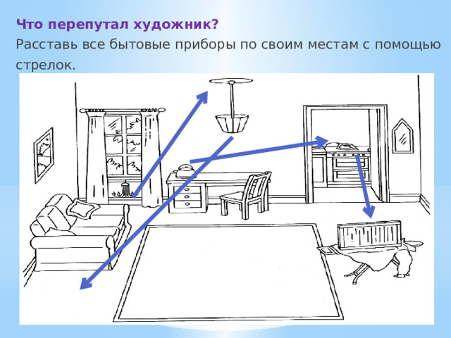 Что перепутал художник? Расставь все бытовые приборы по своим местам с помощью стрелок. 