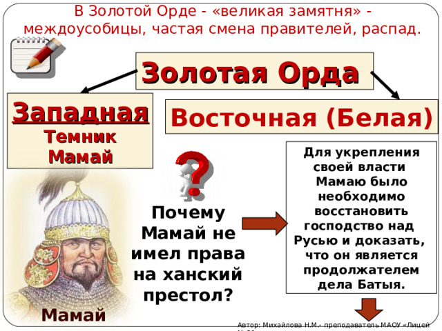 В Золотой Орде - «великая замятня» - междоусобицы, частая смена правителей, распад. Золотая Орда Западная Темник Мамай Восточная (Белая) Для укрепления своей власти Мамаю было необходимо восстановить господство над Русью и доказать, что он является продолжателем дела Батыя. Почему Мамай не имел права на ханский престол ? Мамай Автор: Михайлова Н.М.- преподаватель МАОУ «Лицей № 21» 