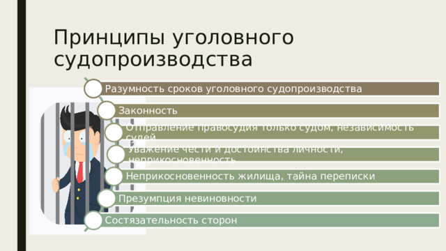 Принципы уголовного судопроизводства Разумность сроков уголовного судопроизводства Законность Отправление правосудия только судом, независимость судей Уважение чести и достоинства личности, неприкосновенность Неприкосновенность жилища, тайна переписки Презумпция невиновности Состязательность сторон 