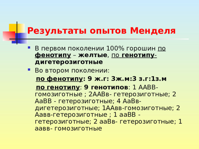 Результаты опытов Менделя В первом поколении 100% горошин по фенотипу – желтые , по генотипу -  дигетерозиготные Во втором поколении:  по фенотипу : 9 ж.г: 3ж.м:3 з.г:1з.м  по генотипу : 9 генотипов : 1 ААВВ- гомозиготные ; 2ААВв- гетерозиготные; 2 АаВВ - гетерозиготные; 4 АаВв-дигетерозиготные; 1ААвв-гомозиготные; 2 Аавв-гетерозиготные ; 1 ааВВ - гетерозиготные; 2 ааВв- гетерозиготные; 1 аавв- гомозиготные 