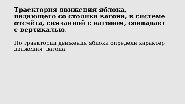 Траектория движения яблока, падающего со столика вагона, в системе отсчёта, связанной с вагоном, совпадает с вертикалью. По траектории движения яблока определи характер движения вагона. 