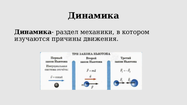 Динамика Динамика - раздел механики, в котором изучаются причины движения.   