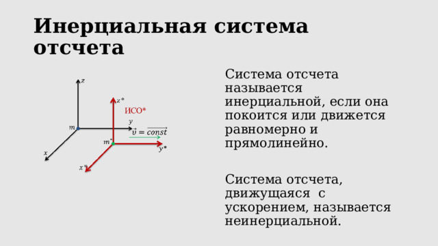 Инерциальная система отсчета Система отсчета называется инерциальной, если она покоится или движется равномерно и прямолинейно.  Система отсчета, движущаяся с ускорением, называется неинерциальной. 