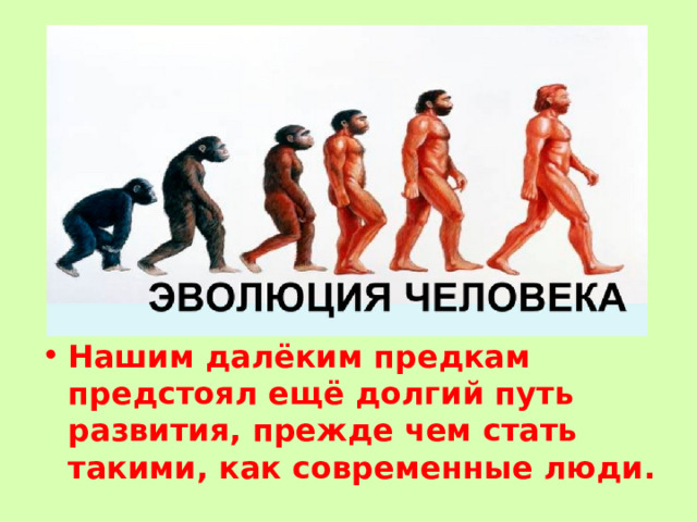 Нашим далёким предкам предстоял ещё долгий путь развития, прежде чем стать такими, как современные люди. 