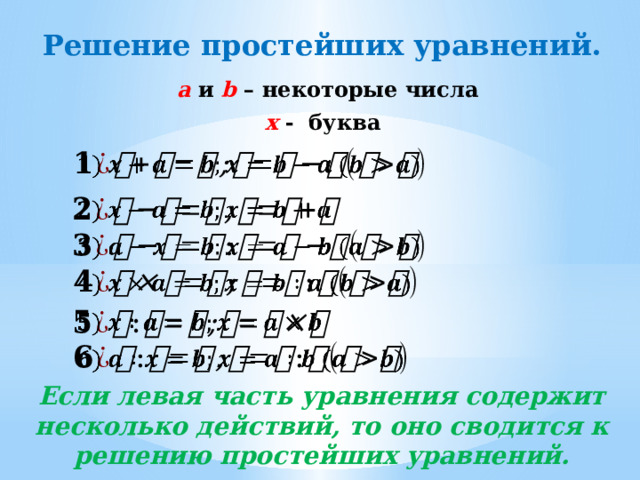 Решение простейших уравнений. а и b – некоторые числа x - буква             Если левая часть уравнения содержит несколько действий, то оно сводится к решению простейших уравнений. 