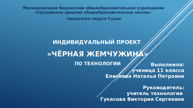 Муниципальное бюджетное общеобразовательное учреждение «Грушевская средняя общеобразовательная школа» городского округа Судак индивидуальный проект  «Чёрная жемчужина»  по технологии Выполнила: ученица 11 класса Елисеева Наталья Петровна  Руководитель:  учитель технологии Гукасова Виктория Сергеевна 