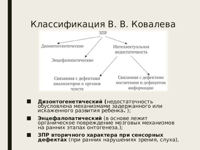 Классификация В. В. Ковалева (1979) Дизонтогенетический ( недостаточность обусловлена механизмами задержанного или искаженного развития ребенка . ); Энцефалопатический (в основе лежит органическое повреждение мозговых механизмов на ранних этапах онтогенеза.); ЗПР вторичного характера при сенсорных дефектах (при ранних нарушениях зрения, слуха), 