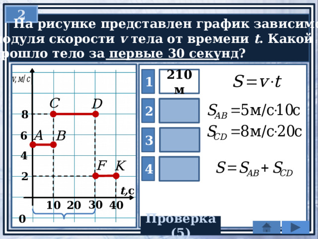 2  На рисунке представлен график зависимости  модуля скорости v тела от времени t . Какой путь  прошло тело за первые 30 секунд? 1 210 м 2 130 м 8 6 3 80 м 4 4 50 м 2 t, c 30 10 40 20  0 Проверка(5) 