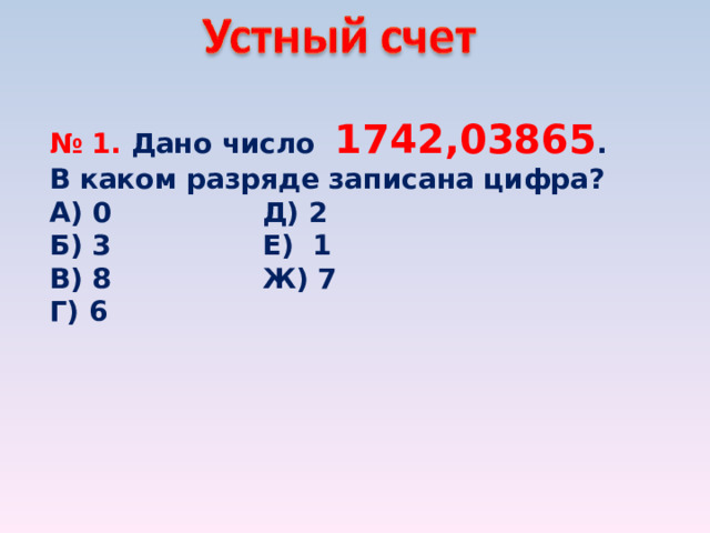 № 1. Дано число 1742,03865 . В каком разряде записана цифра? А) 0    Д) 2 Б) 3    Е) 1 В) 8    Ж) 7 Г) 6  