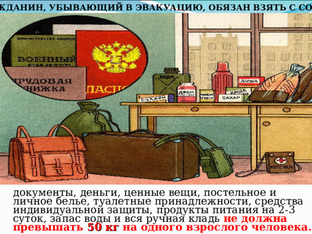ГРАЖДАНИН, УБЫВАЮЩИЙ В ЭВАКУАЦИЮ, ОБЯЗАН ВЗЯТЬ С СОБОЙ: документы, деньги, ценные вещи, постельное и личное белье, туалетные принадлежности, средства индивидуальной защиты, продукты питания на 2-3 суток, запас воды и вся ручная кладь не должна превышать 50 кг на одного взрослого человека. 