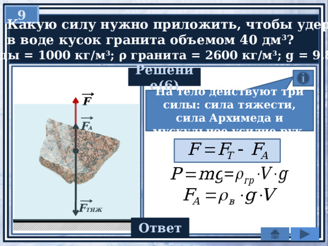 9   Какую силу нужно приложить, чтобы удержать  в воде кусок гранита объемом 40 дм 3 ?  ρ воды = 1000 кг/м 3 ; ρ гранита = 2600 кг/м 3 ; g = 9,8 Н/кг Решение(6) На тело действуют три силы: сила тяжести, сила Архимеда и мускульное усилие рук. F F А F ТЯЖ 627,2 Ответ 