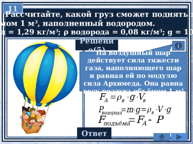 11   Рассчитайте, какой груз сможет поднять шар  объемом 1 м 3 , наполненный водородом.  ρ возд = 1,29 кг/м 3 ; ρ водорода = 0,08 кг/м 3 ; g = 10 Н/кг Решение(5) На воздушный шар действует сила тяжести газа, наполняющего шар и равная ей по модулю сила Архимеда. Она равна весу воздуха объёмом 1 м 3 12 Ответ 