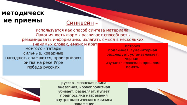 методические приемы Синквейн – используется как способ синтеза материала. Лаконичность формы развивает способность резюмировать информацию, излагать смысл в нескольких значимых словах, емких и кратких выражениях. История подлинная, гуманитарная расследует, устанавливает, черпает изучает человека в прошлом память монголо - татары сильные, коварные нападают, сражаются, проигрывают битва на реке Угре победа русских  русско - японская война внезапная, кровопролитная убивает, разделяет, пугает предпосылка назревания внутриполитического кризиса поражение 