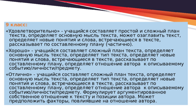 9 класс: «Удовлетворительно» - учащийся составляет простой и сложный план текста, определяет основную мысль текста, может озаглавить текст, определяет новые понятия и слова, встречающиеся в тексте, рассказывает по составленному плану (частично). «Хорошо» - учащийся составляет сложный план текста, определяет основную мысль текста, определяет тип текста, определяет новые понятия и слова, встречающиеся в тексте, рассказывает по составленному плану, определяет отношение автора к описываемому событию/личности/предмету. «Отлично» - учащийся составляет сложный план текста, определяет основную мысль текста, определяет тип текста, определяет новые понятия и слова, встречающиеся в тексте, рассказывает по составленному плану, определяет отношение автора к описываемому событию/личности/предмету. Формулирует аргументированное собственное отношение к тексту и позиции автора. Может предположить факторы, повлиявшие на отношение автора. 