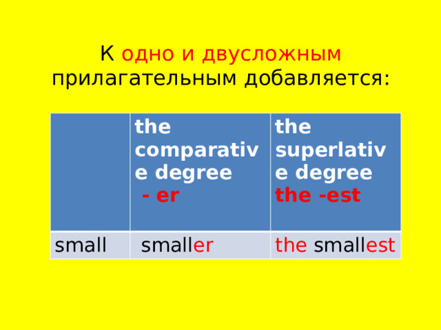К одно и двусложным прилагательным добавляется: the comparative degree small  - er the superlative degree  small er  the -est the small est  