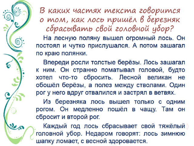 В каких частях текста говорится о том, как лось пришёл в березняк сбрасывать свой головной убор? 