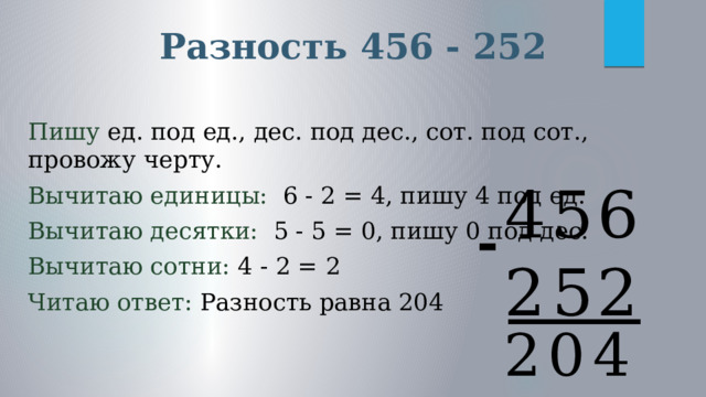 Разность 456 - 252 Пишу ед. под ед., дес. под дес., сот. под сот., провожу черту. Вычитаю единицы: 6 - 2 = 4, пишу 4 под ед. Вычитаю десятки: 5 - 5 = 0, пишу 0 под дес. Вычитаю сотни: 4 - 2 = 2 Читаю ответ: Разность равна 204   6 4 5 2 2 5 - _____ 4 0 2 