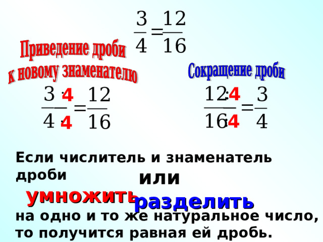 4 4 4 4 Если числитель и знаменатель дроби  умножить  на одно и то же натуральное число, то получится равная ей дробь.  или  разделить 3 
