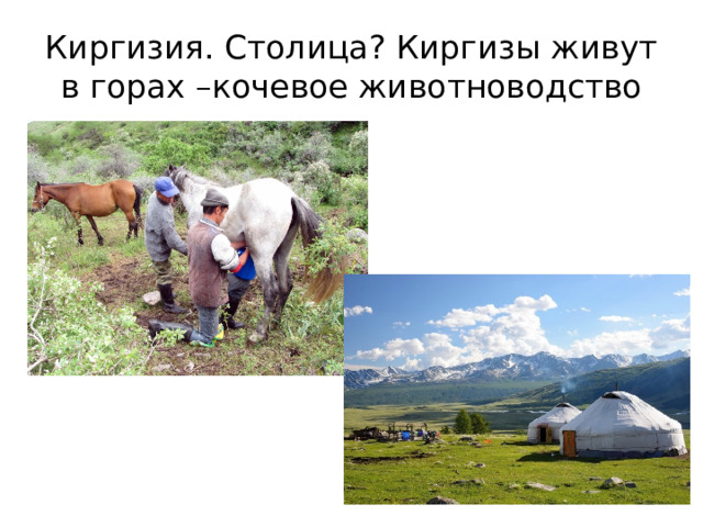 Киргизия. Столица? Киргизы живут в горах –кочевое животноводство 