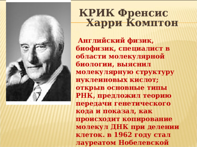 КРИК Френсис Харри Комптон  Английский физик, биофизик, специалист в области молекулярной биологии, выяснил молекулярную структуру нуклеиновых кислот; открыв основные типы РНК, предложил теорию передачи генетического кода и показал, как происходит копирование молекул ДНК при делении клеток. в 1962 году стал лауреатом Нобелевской премии по физиологии и медицине 