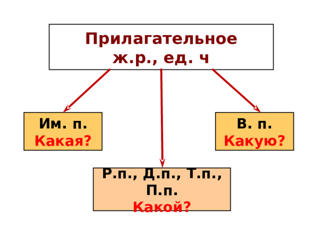 Прилагательное ж.р., ед. ч Им. п. В. п. Какая? Какую? Р.п., Д.п., Т.п., П.п. Какой? 