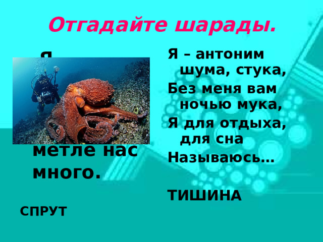 Отгадайте шарады.  Я – синоним осьминога,  А без С – в метле нас много.   СПРУТ Я – антоним шума, стука, Без меня вам ночью мука, Я для отдыха, для сна Называюсь…  ТИШИНА 15 