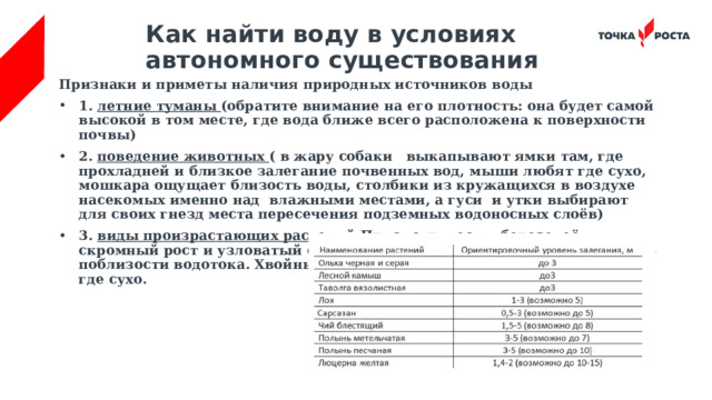 Как найти воду в условиях автономного существования    Признаки и приметы наличия природных источников воды 1. летние туманы (обратите внимание на его плотность: она будет самой высокой в том месте, где вода ближе всего расположена к поверхности почвы) 2. поведение животных ( в жару собаки выкапывают ямки там, где прохладней и близкое залегание почвенных вод, мыши любят где сухо, мошкара ощущает близость воды, столбики из кружащихся в воздухе насекомых именно над влажными местами, а гуси и утки выбирают для своих гнезд места пересечения подземных водоносных слоёв) 3. виды произрастающих растений Присмотритесь к березе: её скромный рост и узловатый ствол с искривлениями выдаёт присутствие поблизости водотока. Хвойные деревья тоже предпочитают расти там, где сухо. 