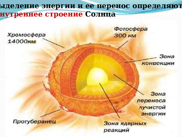 Выделение энергии и ее перенос определяют  внутреннее строение Солнца 